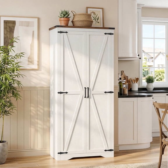 72" H Farmhouse Storage Cabinet with Adjustable Shelves, Large Pantry Organize with 2 Barn Doors, Tall Freestanding Cabinet, White