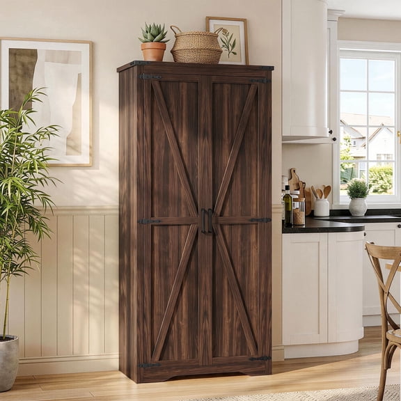 72"H Farmhouse Storage Cabinet with Adjustable Shelves, Large Pantry Organize with 2 Barn Doors, Tall Freestanding Cabinet for Kitchen, Bathroom/Garage/Basement/Living/Utility Room