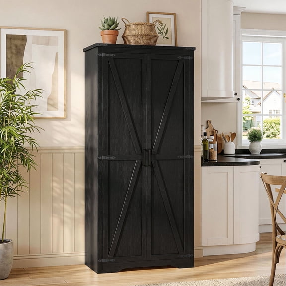 72"H Farmhouse Storage Cabinet with Adjustable Shelves, Large Pantry Organize with 2 Barn Doors, Tall Freestanding Cabinet for Kitchen, Bathroom/Garage/Basement/Living/Utility Room
