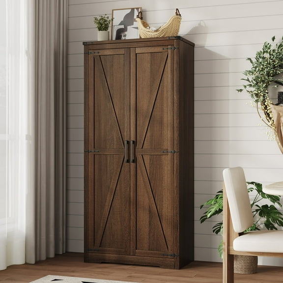 72"H Farmhouse Storage Cabinet with Adjustable Shelves, Large Pantry Organize with 2 Barn Doors, Tall Freestanding Cabinet for Kitchen, Bathroom/Garage/Basement/Living/Utility Room