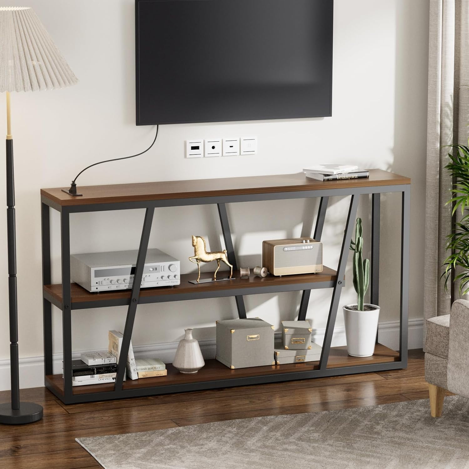 Veanerwood Console Table for Entryway, 3 Tier TV Cabinet with Storage Shelves, Long Sofa Table for Entry Way, Hallway, Couch, Living Room, Kitchen, Walnut