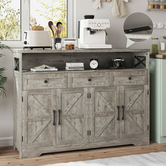 Veanerwood 52" L Farmhouse Buffet Cabinet with Drawers, Sideboard with Storage, Kitchen Pantry Cabinet Hutch for Kitchen, Dining Room, Livingroom, Grey