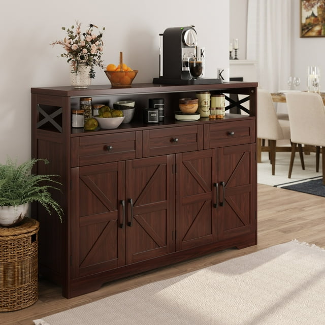 Veanerwood Farmhouse Buffet with Drawers & Open Shelf