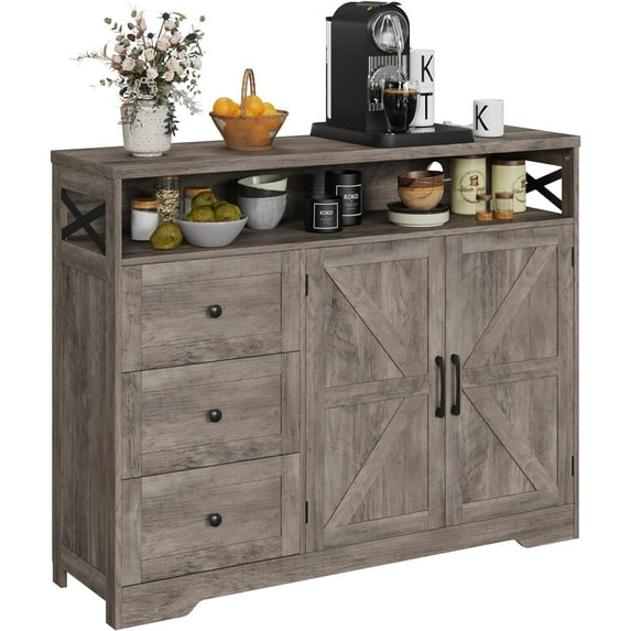 47" L Farmhouse Buffet Storage Cabinet with 3 Drawers and 2 Adjustable Shelf, Sideboard with Charging Station, Grey