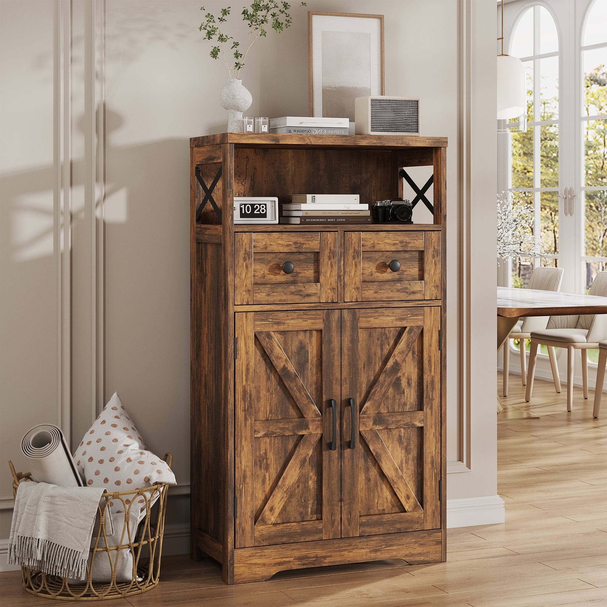 Farmhouse Storage Cabinet with Drawers and Shelves, Freestanding Kitchen Pantry Storage Cabinet, Floor Storage Cabinet Hutch Cupboard for Dining/Living Room/Home Office, Rustic Brown
