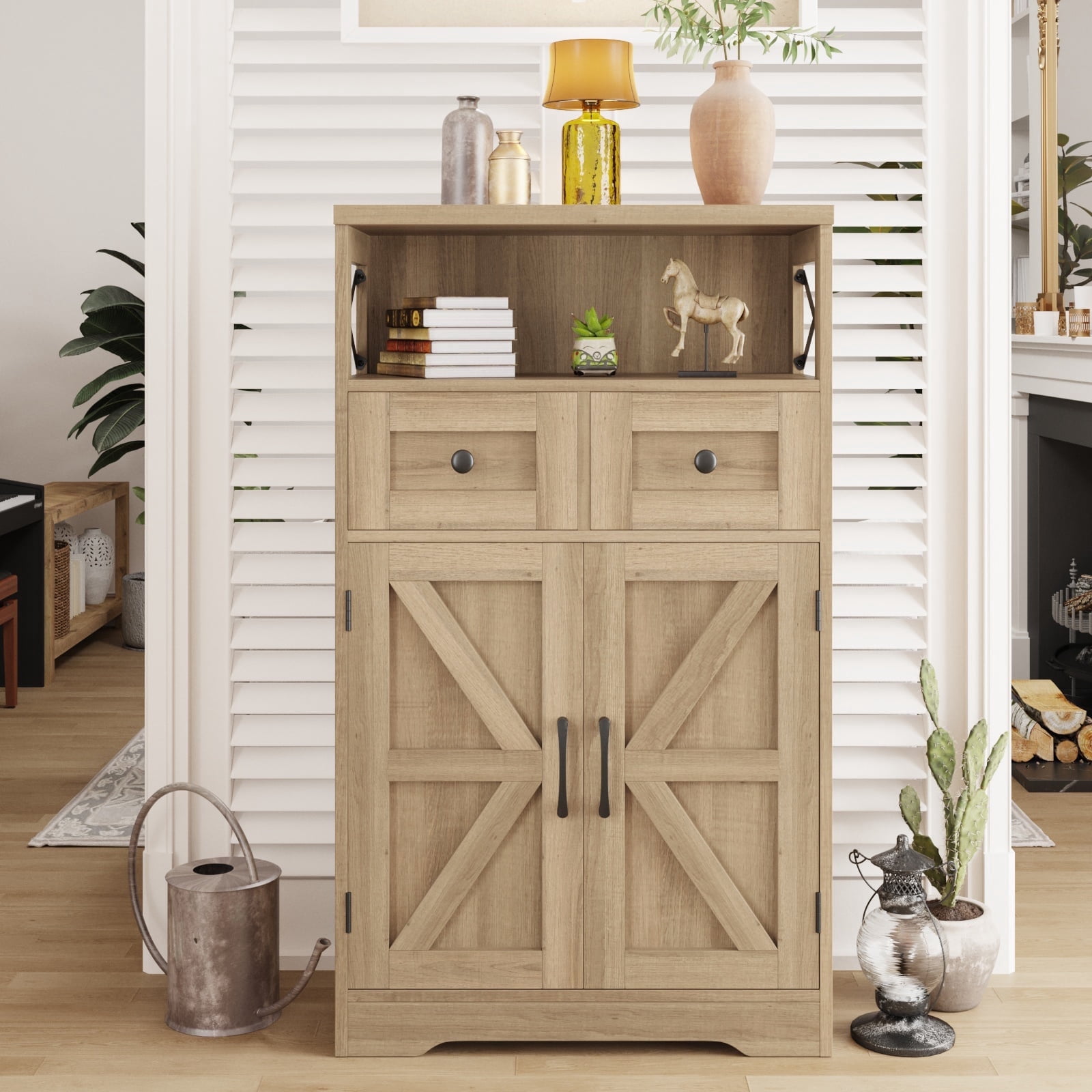 Veanerwood Farmhouse Storage Cabinet with Drawers and Shelves, Natural