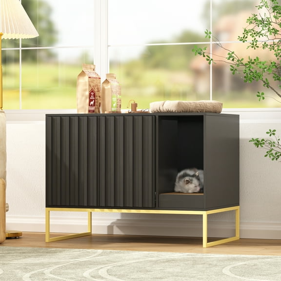 Veanerwood Fienveorn Litter Box Enclosure,Modern Cat Litter Box Enclosure Furniture Hidden Litter Box with Cat Scratch Pad, Cat Washroom Cat House End Table, Entryway Bench for Livingroom (Black)