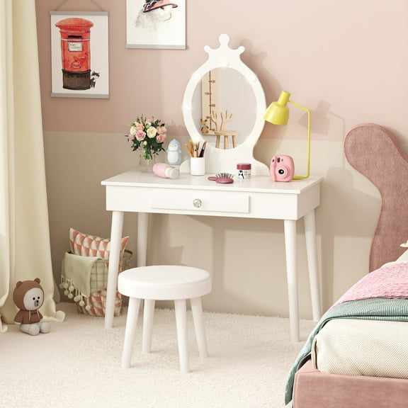 Veanerwood Kids Vanity Table & Stool Princess Dressing Makeup Set for Girls, Lighted Mirror, White