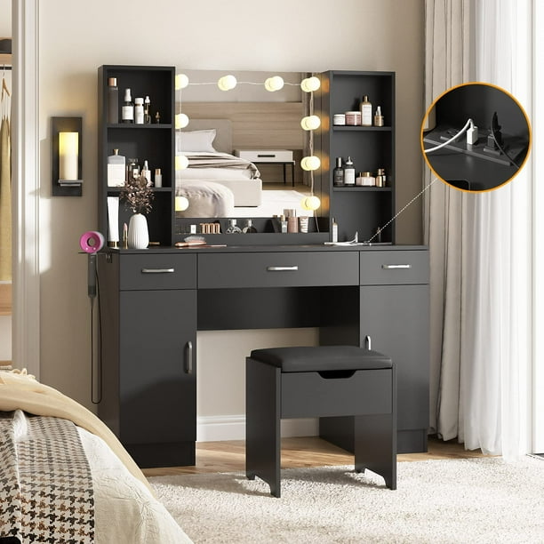 Veanerwood Large Makeup Vanity with Lights, Bedroom Vanity Table with Charging Station, Modern Dressing Table, 45.2in, Black