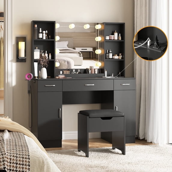 Veanerwood Large Makeup Vanity with Lights, Bedroom Vanity Table with Charging Station, Modern Dressing Table, 45.2in, Black
