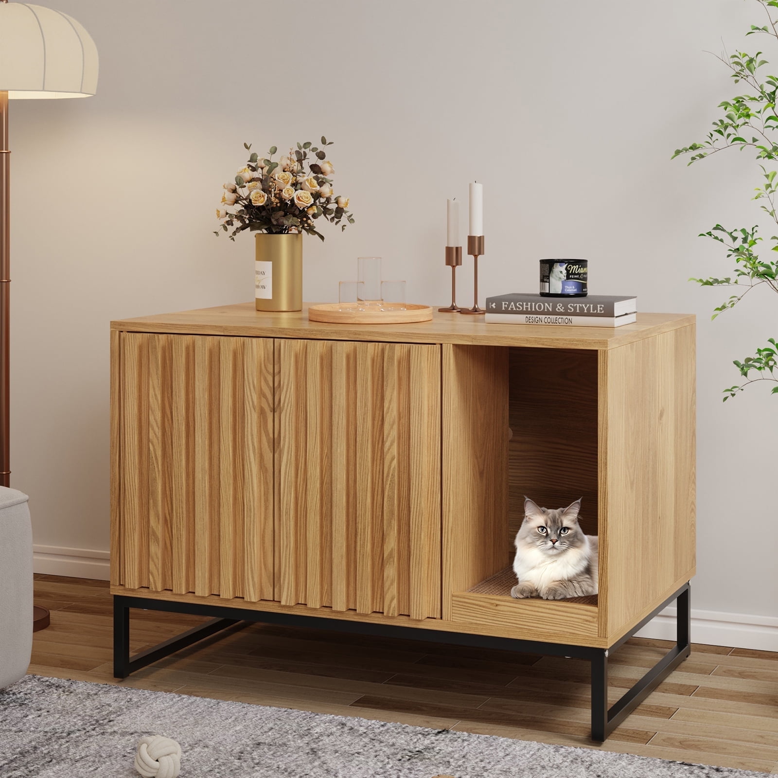 VEANERWOOD Cat Litter Box Enclosure Furniture Wood Hidden Litter Box with Cat Scratch Pad Beige Walmart Business Supplies