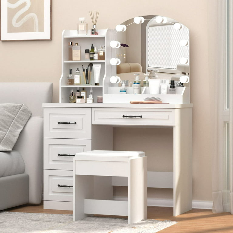 Veanerwood Makeup Vanity Desk with Lights and 4 Drawers, Modern Vanity Table  Set, 3 Lighting Colors, 39.4in, White Finish 