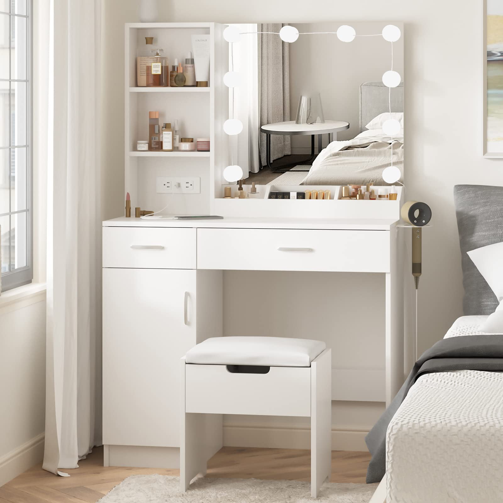Veanerwood Modern Vanity Desk with Mirror and Lights, Makeup Vanity 