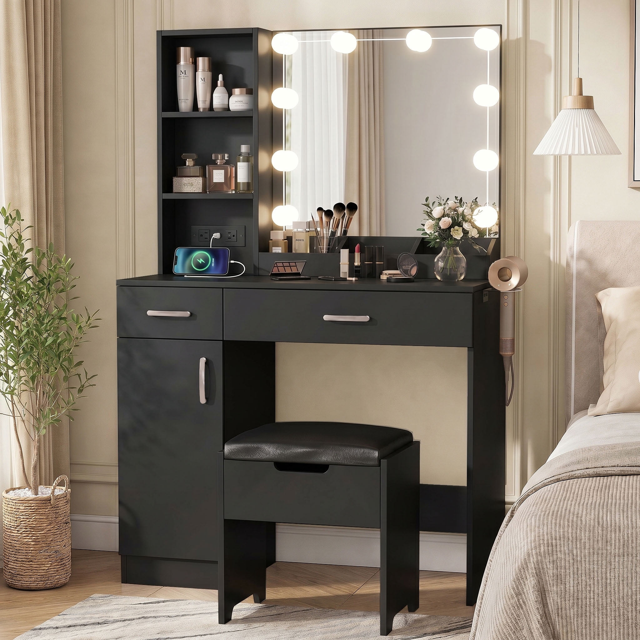 VEANERWOOD Makeup Vanity with Lighted Mirror & Power Strip, Modern Vanity Table Set with 2 Drawer, for Bedroom Bathroom,Black