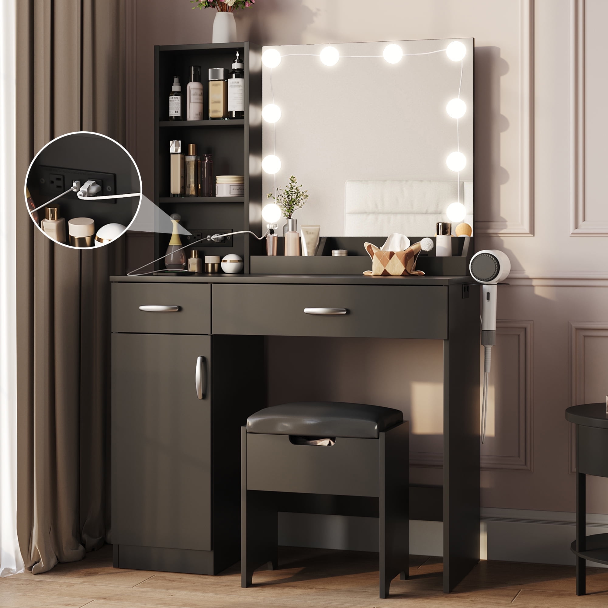 Veanerwood Makeup Vanity with LED Lighted Mirror, Power Strip, 2 ...