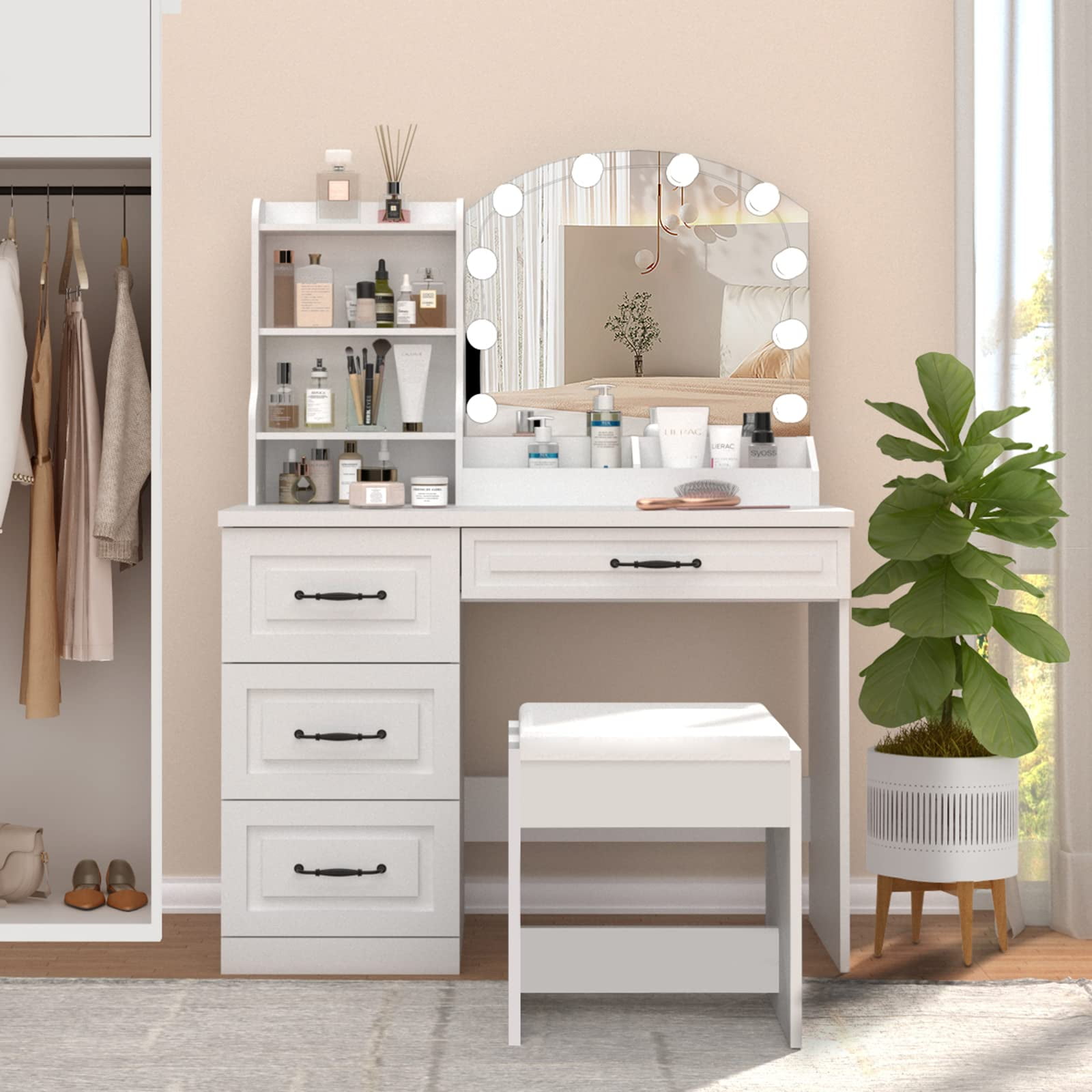 Veanerwood Makeup Vanity Set with Lights and 4 Drawers, Modern Vanity Table 3 Lighting Colors, 39.4in, White