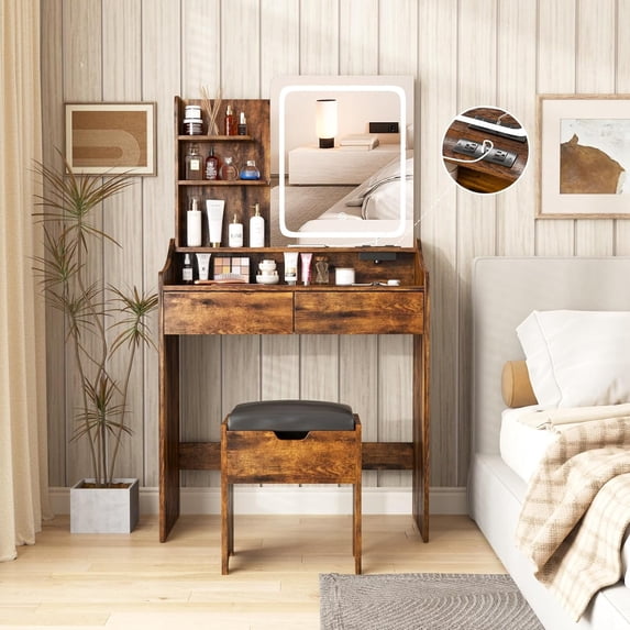 Veanerwood Makeup Vanity Set with Lights and Power Strip, Dressing Table with Drawers and Shelves, Bedroom, Brown
