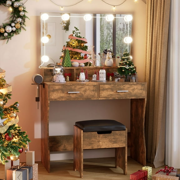 Veanerwood Makeup Vanity Table Set with Lighted Mirror & Power Strip Vanity Desk Set with Hair Dryer Holder, 3 Lighting Colors, Retro Brown