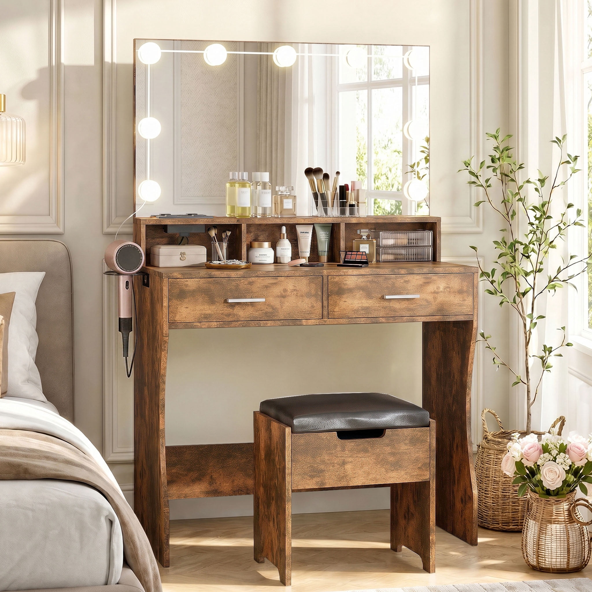 Veanerwood Makeup Vanity Table Set with Lighted Mirror & Power Strip Vanity Desk Set with Hair Dryer Holder, 3 Lighting Colors, Retro Brown