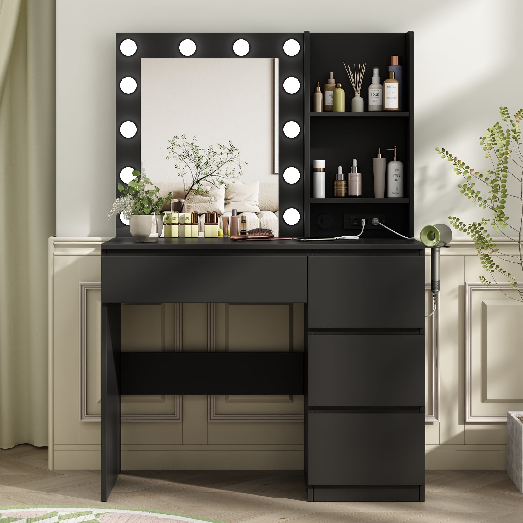 VEANERWOOD Black Makeup Vanity with LED Lights, Power Strip