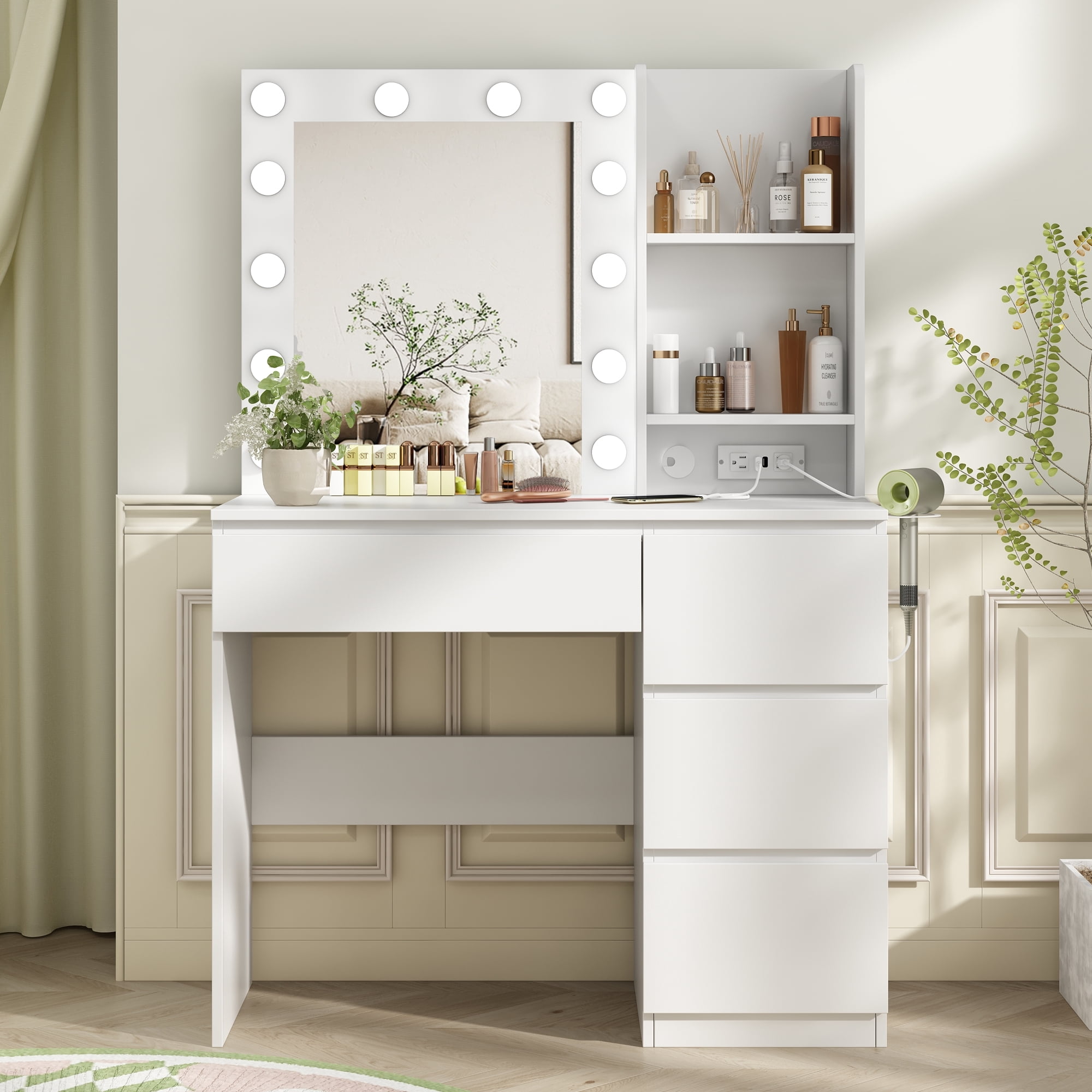 Veanerwood Makeup Vanity with Lights, Bedroom Vanity Table with Power ...