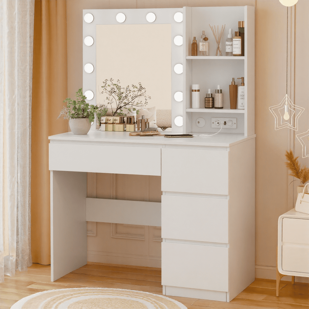 Veanerwood Makeup Vanity with Lights, Bedroom Vanity Table with Power Strip, Modern Dressing Table, 4 Drawers, White