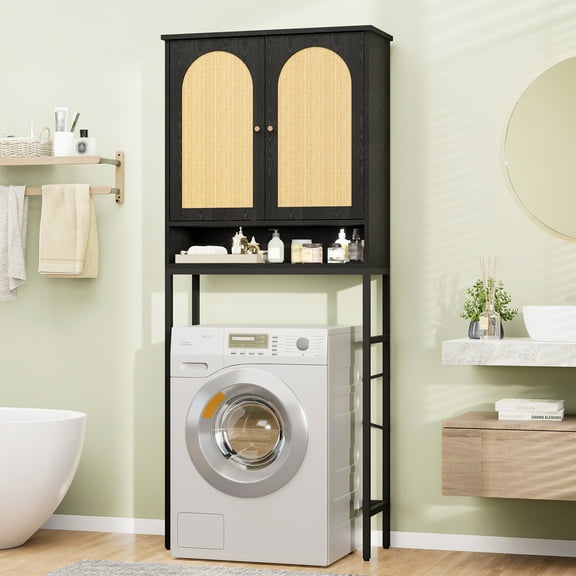 Veanerwood Rattan Toilet Storage Cabinet, Over The Rack Wood Cabinet with Metal Stand, Bathroom Organizer with Adjustable Shelf, Tall Freestanding Washer Shelf, Small Cupboard, Black