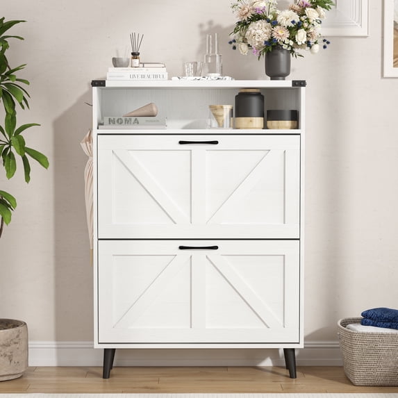 Veanerwood Shoe Cabinet with 2 Flip Drawers Entryway Wooden Sturdy Shoes Rack with Open Storage Shelf, White