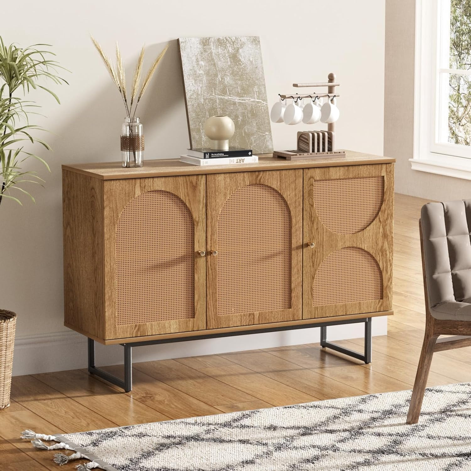 Sideboard Buffet Cabinet with 3 Rattan Doors, 47.2” Kitchen Storage Cabinet with Adjustable Shelf and Metal Legs for Dining Living Room, Hallway, Entryway, Beige