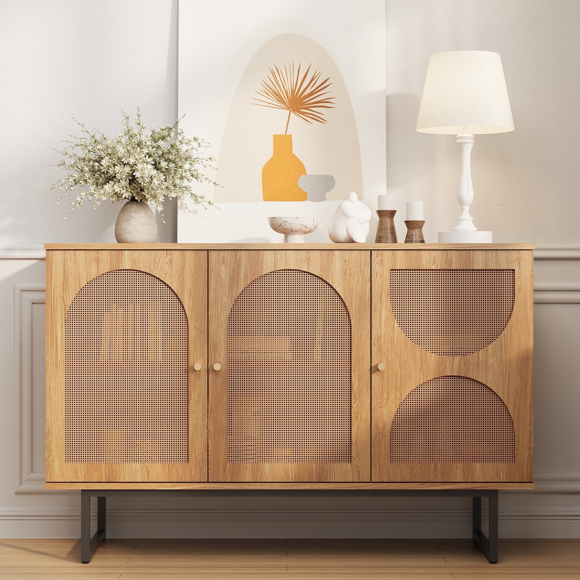 Veanerwood Sideboard Buffet Cabinet, 47 Beige Storage Cabinet, Rattan  Doors, Adjustable Shelf, Metal Legs - Walmart.com