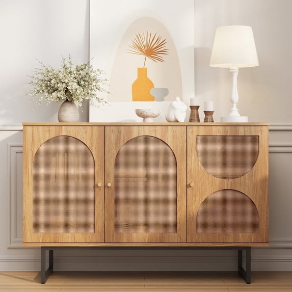 Sideboard Buffet Cabinet with 3 Rattan Doors, 47.2” Kitchen Storage Cabinet with Adjustable Shelf and Metal Legs for Dining Living Room, Hallway, Entryway, Beige