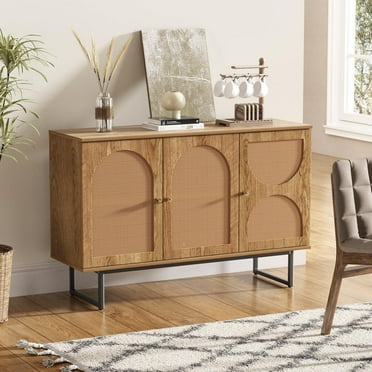 Sideboard Buffet Cabinet with 3 Rattan Doors, 47.2” Kitchen Storage Cabinet with Adjustable Shelf and Metal Legs for Dining Living Room, Hallway, Entryway, Beige