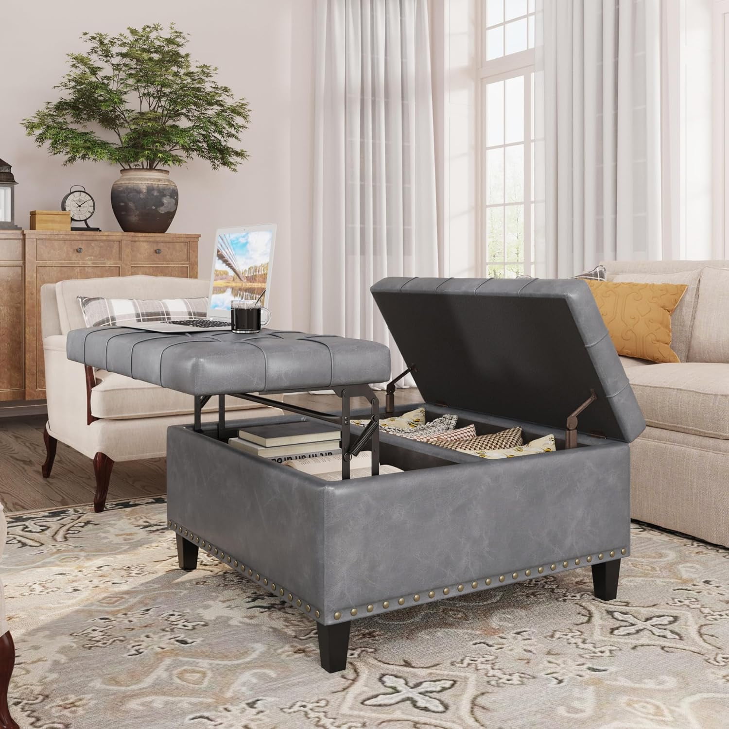 Veanerwood Square Ottomans with Storage, Leather Tufted