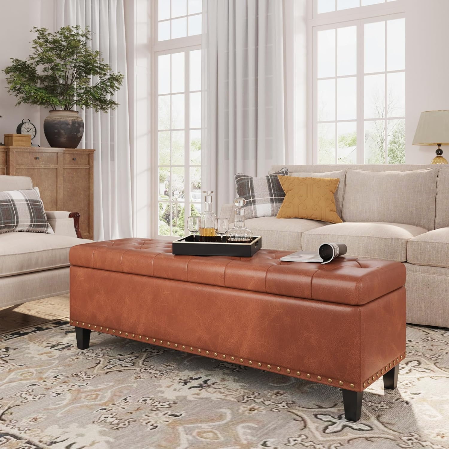 Veanerwood Storage Bench 51 Inch Large Storage Ottoman 30 Gallons Modern Faux Leather Ottoman with Storage Rectangle Storage Ottoman Bench for Bedroom Living Room Entryway Hallway Brown Walmart