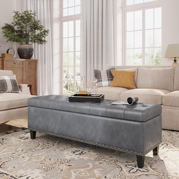 Veanerwood Storage Bench, 51-Inch Ottoman Bench with Storage, 30 Gallons, Modern Faux Leather Ottoman, Rectangle Ottoman Bench for Bedroom, Living Room, Mudroom, Entryway, Hallway, Office, Grey