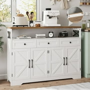 Veanerwood 4-Doors 3-Drawers Farmhouse Storage Cabinet with Charging Station,Wood Sideboard with 2 Adjustable Shelves for Kitchen Dining Room, White