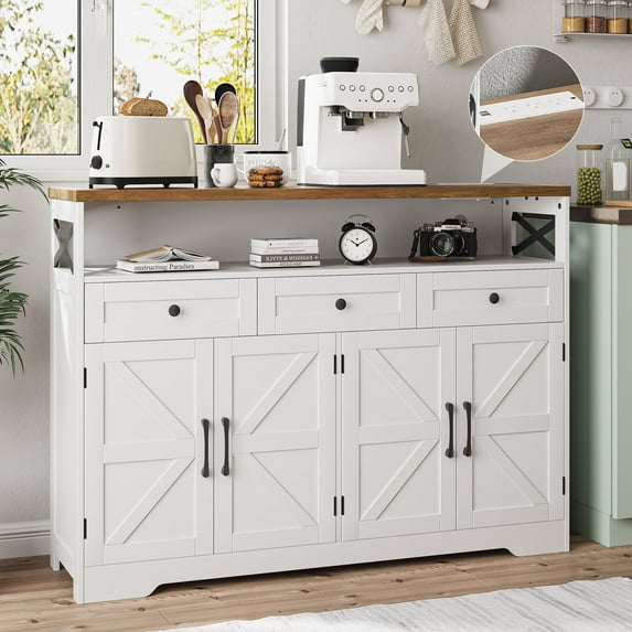 Veanerwood 4-Doors 3-Drawers Farmhouse Storage Cabinet with Charging Station,Wood Sideboard with 2 Adjustable Shelves for Kitchen Dining Room, White