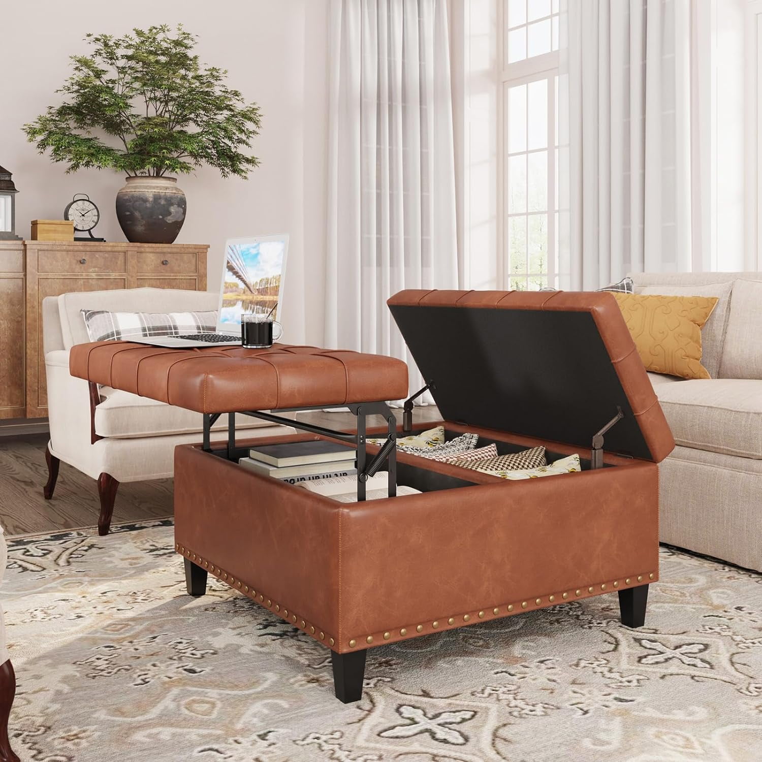 Veanerwood Tufted Square Ottoman Coffee Table with Storage, Leather ...