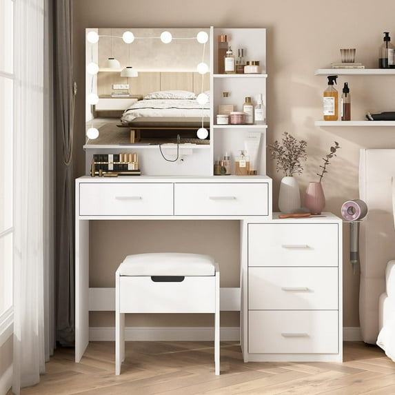 Veanerwood Vanity Desk with Mirror and Lights, Makeup Vanity Set with Drawers and Power Strip, for Bedroom 43.2in, Modern, White