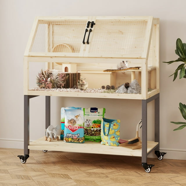 Veanerwood Large Wooden Hamster Cage with Shelf, Ventilated Cage for Small Animals, Acrylic