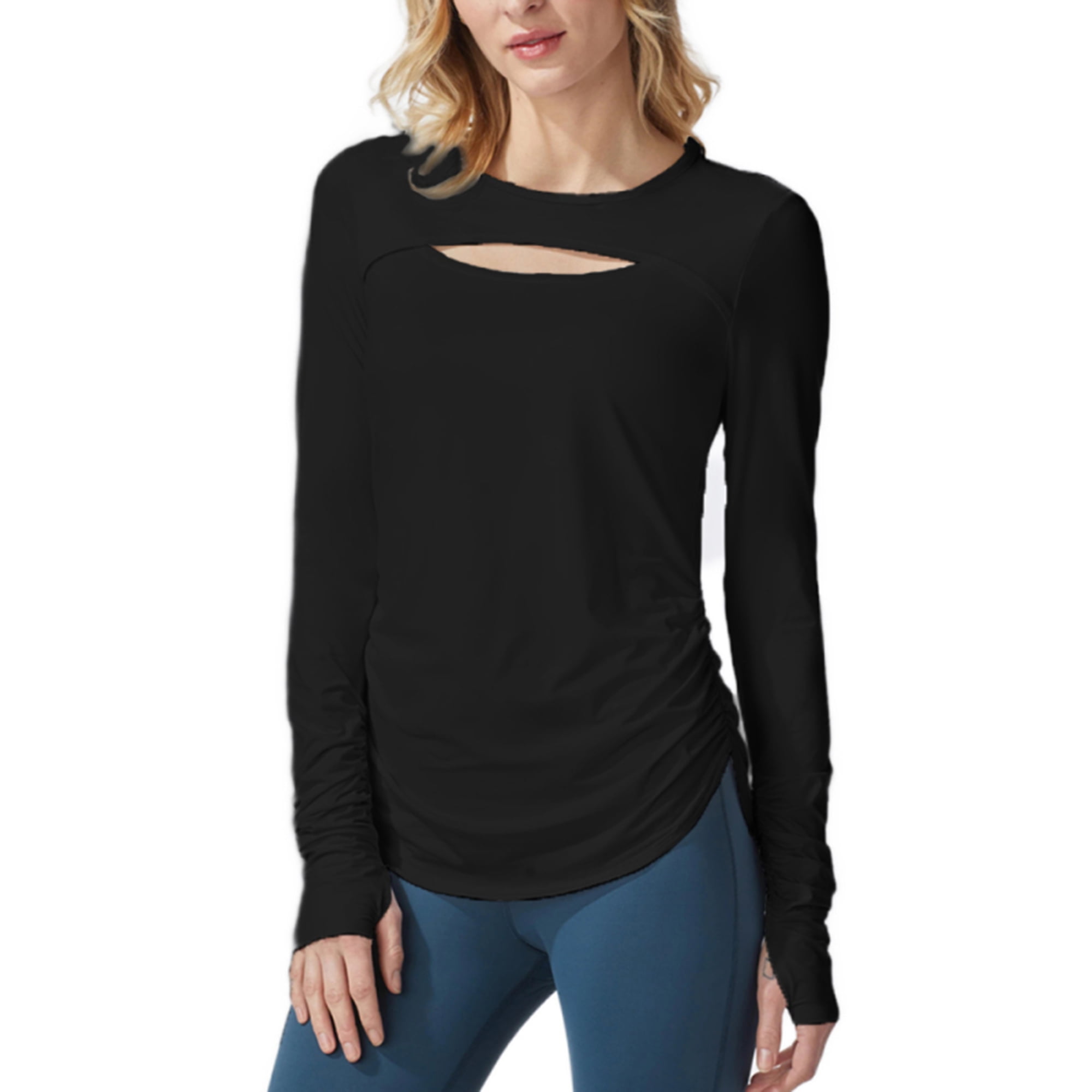 Veatzaer Women's Long Sleeve Workout Shirts Crew Neck Cutout Solid
