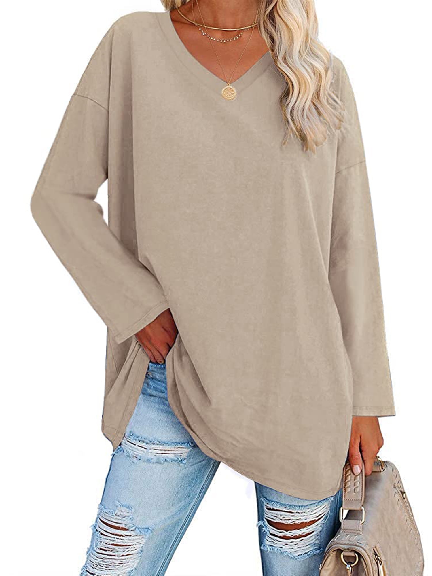 Veatzaer Women's oversized long sleeved top Vneck loose casual tunic
