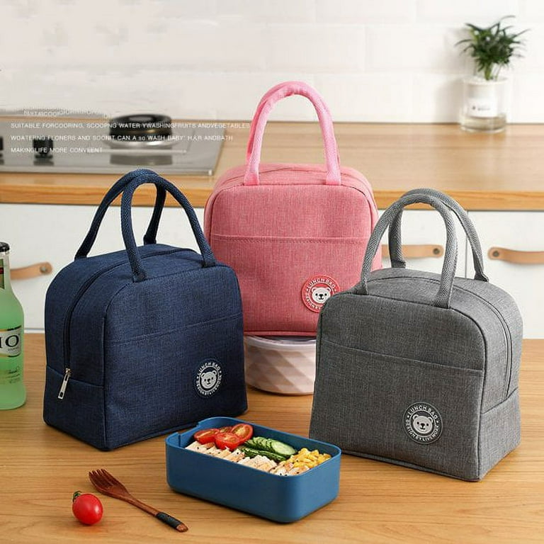 Veballensty Functional Pattern Waterproof Lunch Box Portable Insulated Canvas Lunch Bag Food Picnic Lunch Bag Kids Women Navy