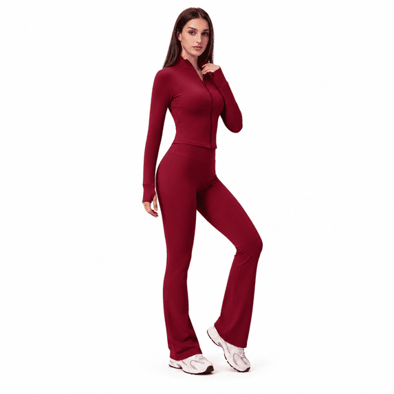 Veballensty Women's 2 Piece Yoga Outfit, Zip Up Long Sleeve Cropped Jacket & High Waist Flared Leggings Workout Tracksuit for Gym Running