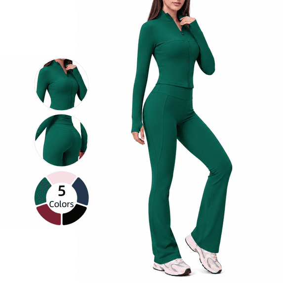 Veballensty Women's 2 Piece Yoga Outfit, Zip Up Long Sleeve Cropped Jacket & High Waist Flared Leggings Workout Tracksuit for Gym Running