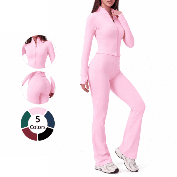 Veballensty Women's 2 Piece Yoga Outfit, Zip Up Long Sleeve Cropped Jacket & High Waist Flared Leggings Workout Tracksuit for Gym Running