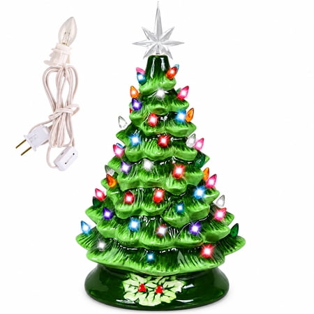 Vebreda 15 inch Large Ceramic Christmas Tree Plug in Tabletop Artificial Green Christmas Decoration Tree
