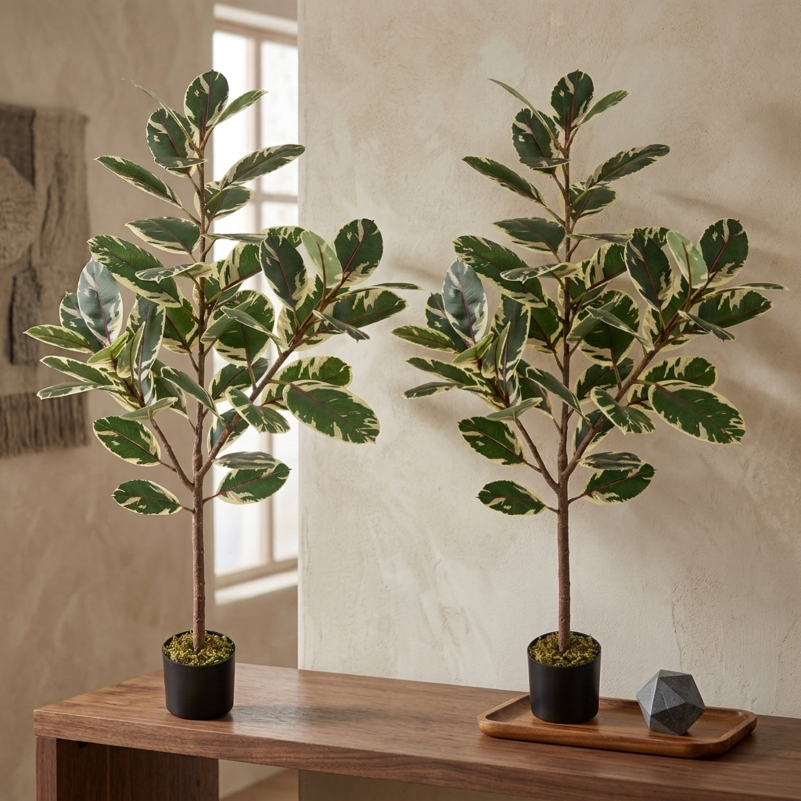Vebreda 2-Pack 51-Inch Artificial Variegated Rubber Trees in Cement-Filled Pots, Faux Ficus Elastica Plants for Indoor Decoration
