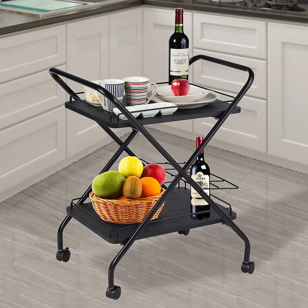 Vebreda 2-Tier Rolling Utility Cart Metal Bar Service Car With Wine Rack Lockable Wheel Multi-Functional Storage Rack For Bar Office And Kitchen