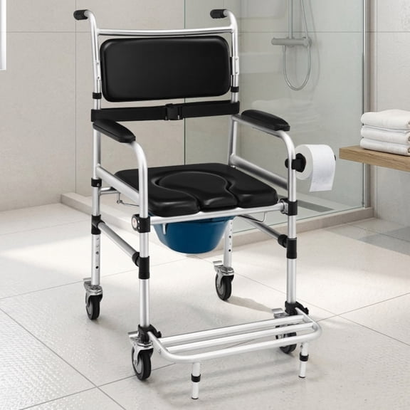 Vebreda 2 in 1 Aluminum Commode Shower Wheelchair with Locking Casters and Adjustable Height and Removable Toilet for Adults and Seniors, Black